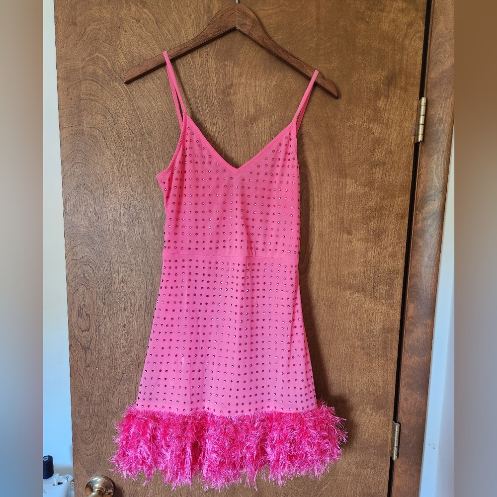 HOT PINK RHINESTONE DRESS WITH FEATHER HEM SIZE 8